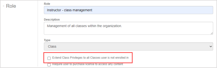 On the Edit Roles page to the right of the Role heading, Extend Class Privileges to all Classes user is not enrolled in is under Type field.